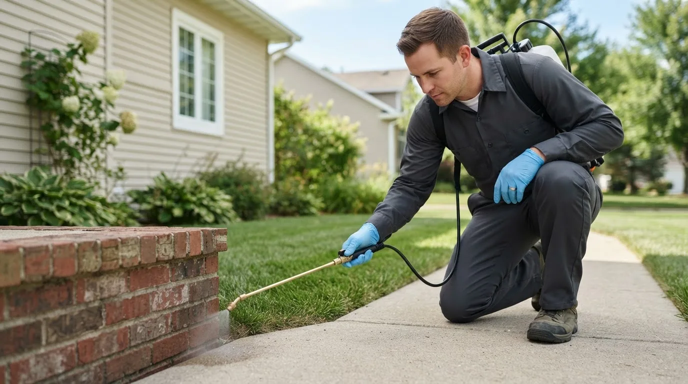Pest control technician treating a home near Woolrich, PA