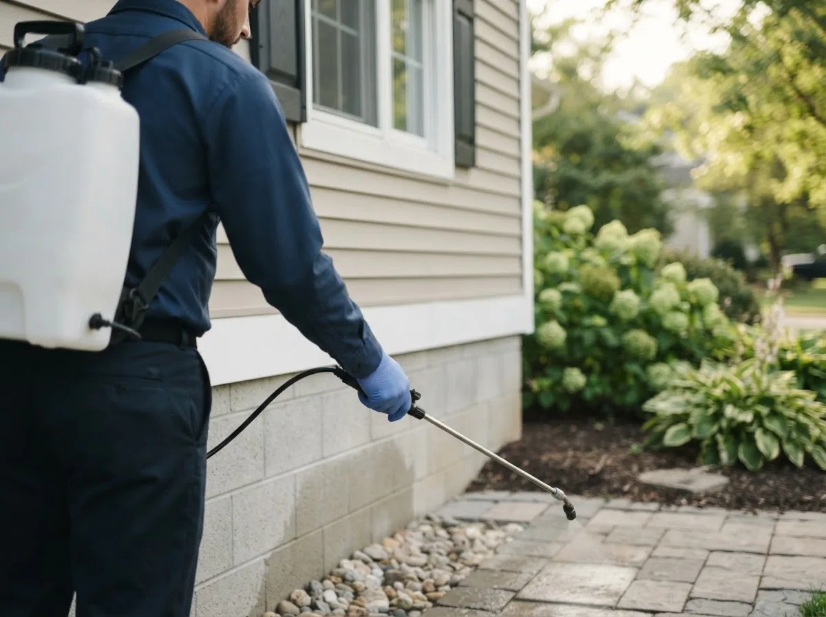 Pest control technician inspecting a home in Woolrich, PA